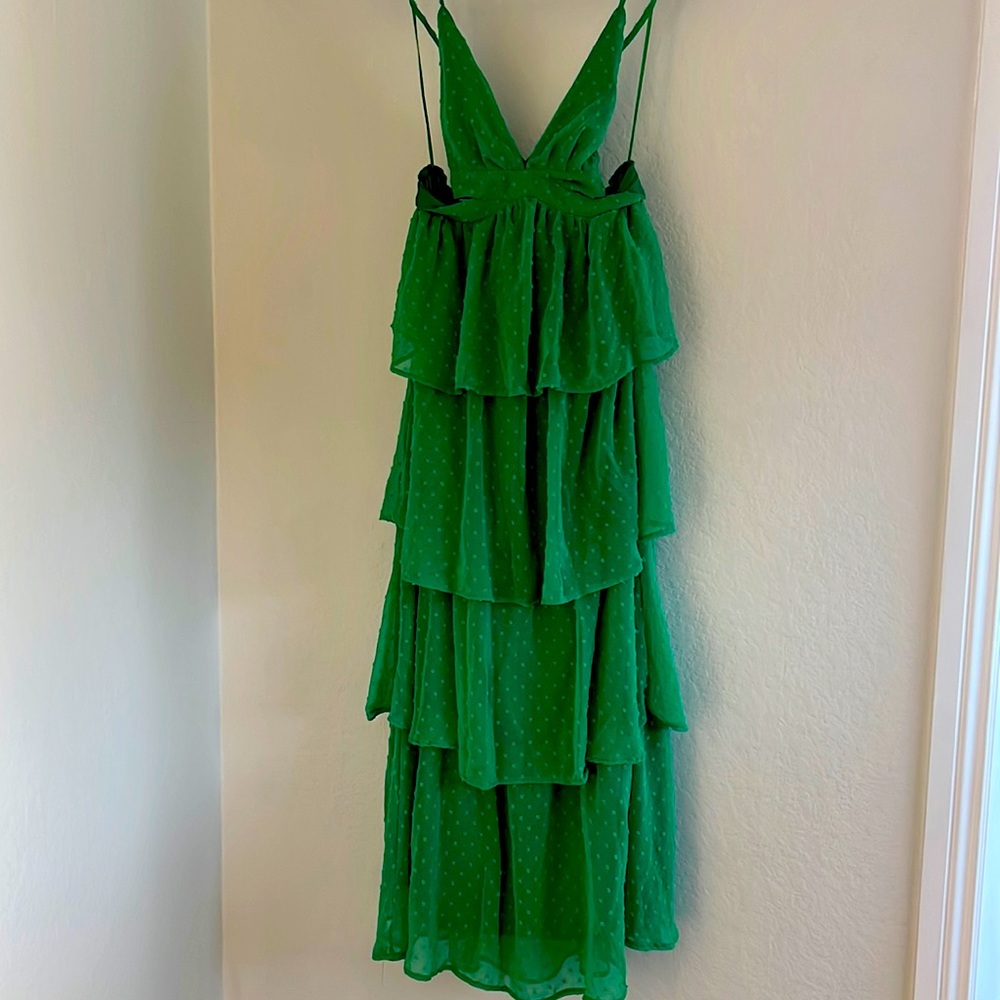 Kelly Green Swiss Dot Tiered Maxi Dress